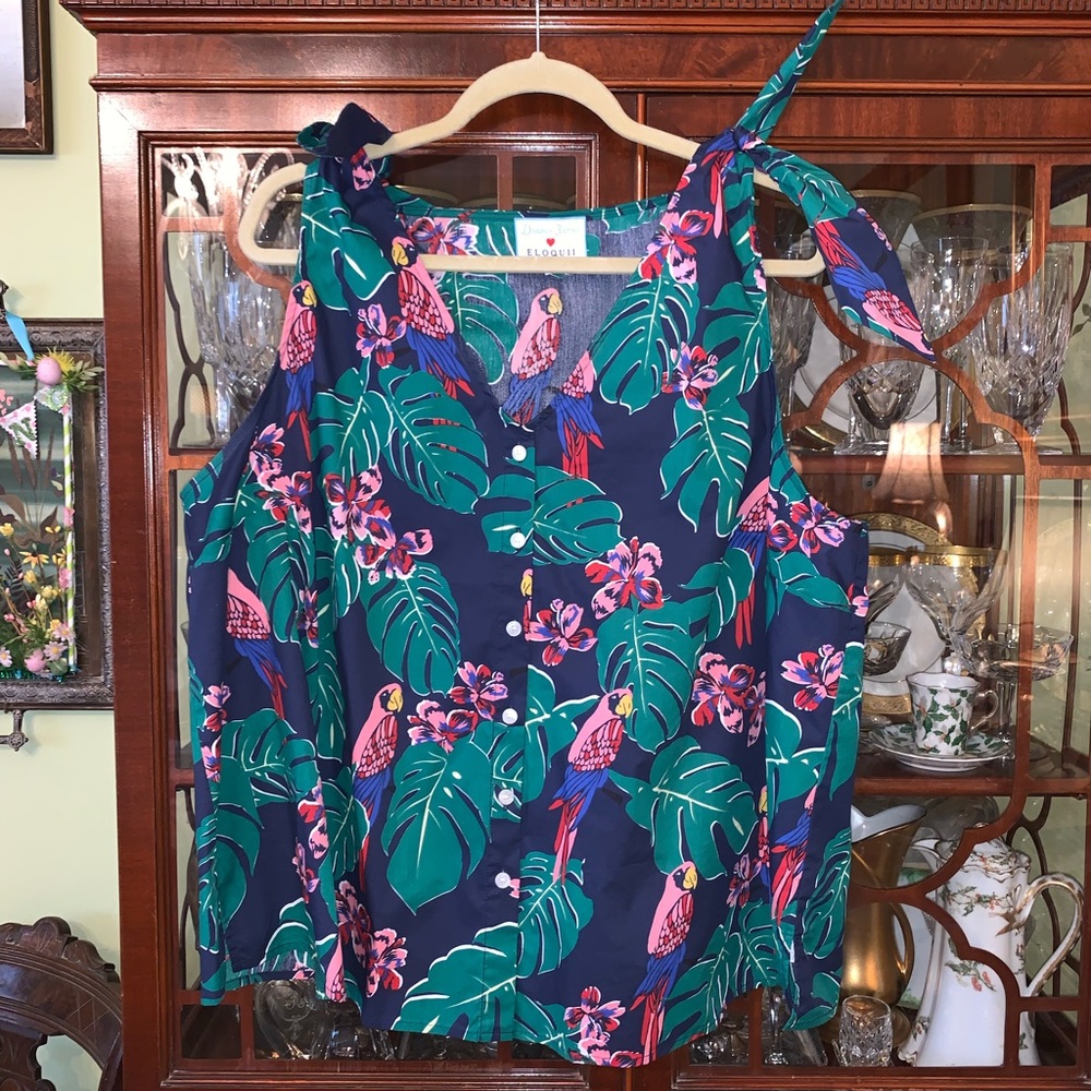 Draper James Navy Parrot & Tropical Leaf Tie-Shoulder Button Front Top